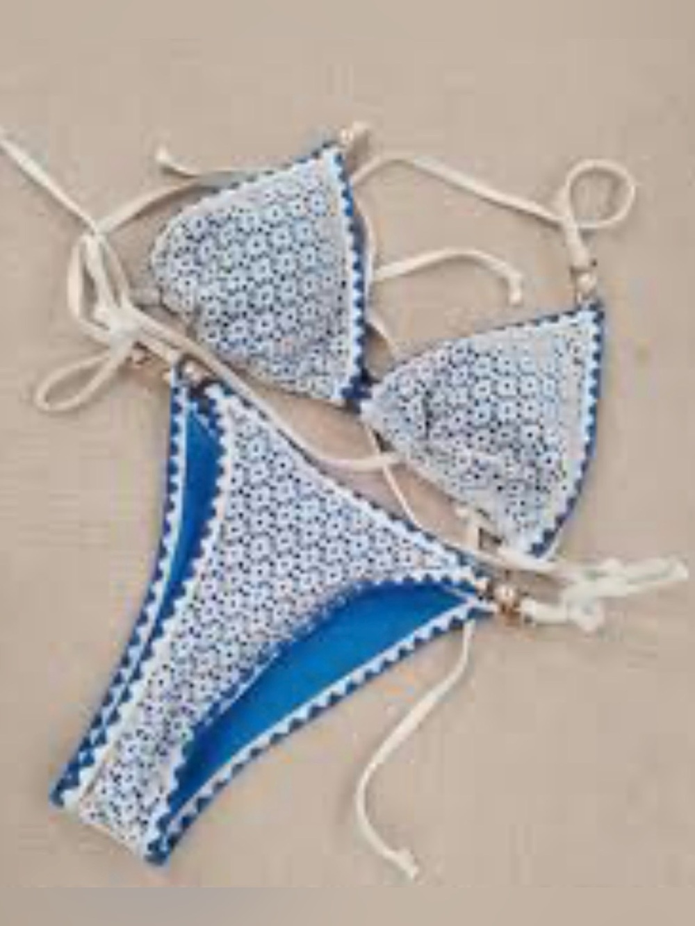 Zaful Blue and White Crochet Triangle Bikini Set